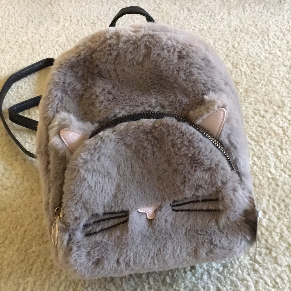 NEW TYPO Grey Fluffy Cat Mini Backpack
